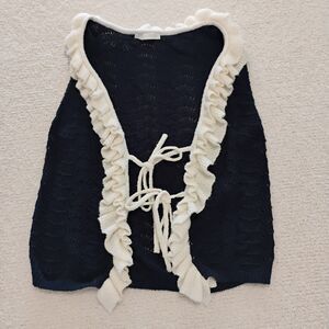 Crop Sweater Vest Knit Ruffles Cutesy Nerdy Preppy Quirky Librarian Sz Small